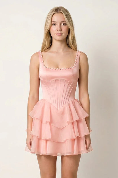 Chic A-Line Square Neck Sleeveless Tiered Pearl Rose Pink Short Homecoming Dress