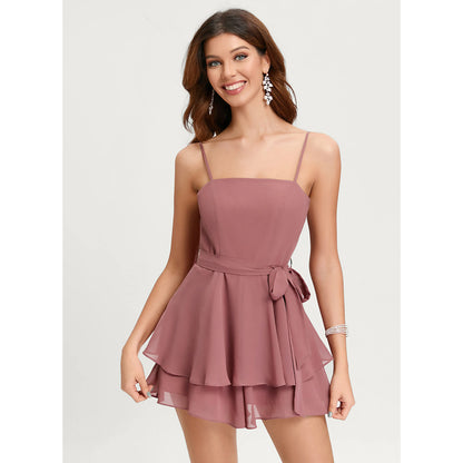Chic A-Line Square Neck Sleeveless Tiered Ruffle Dusty Rose Mini Homecoming Dress