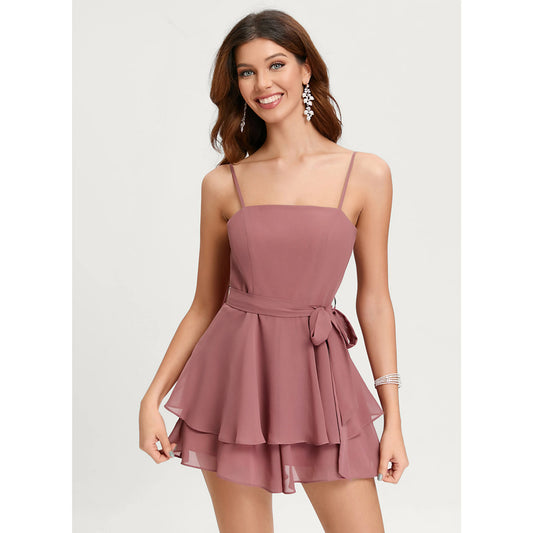 Chic A-Line Square Neck Sleeveless Tiered Ruffle Dusty Rose Mini Homecoming Dress