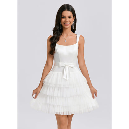 Chic A-Line Square Neck Sleeveless Tiered Ruffle White Short Homecoming Dresses