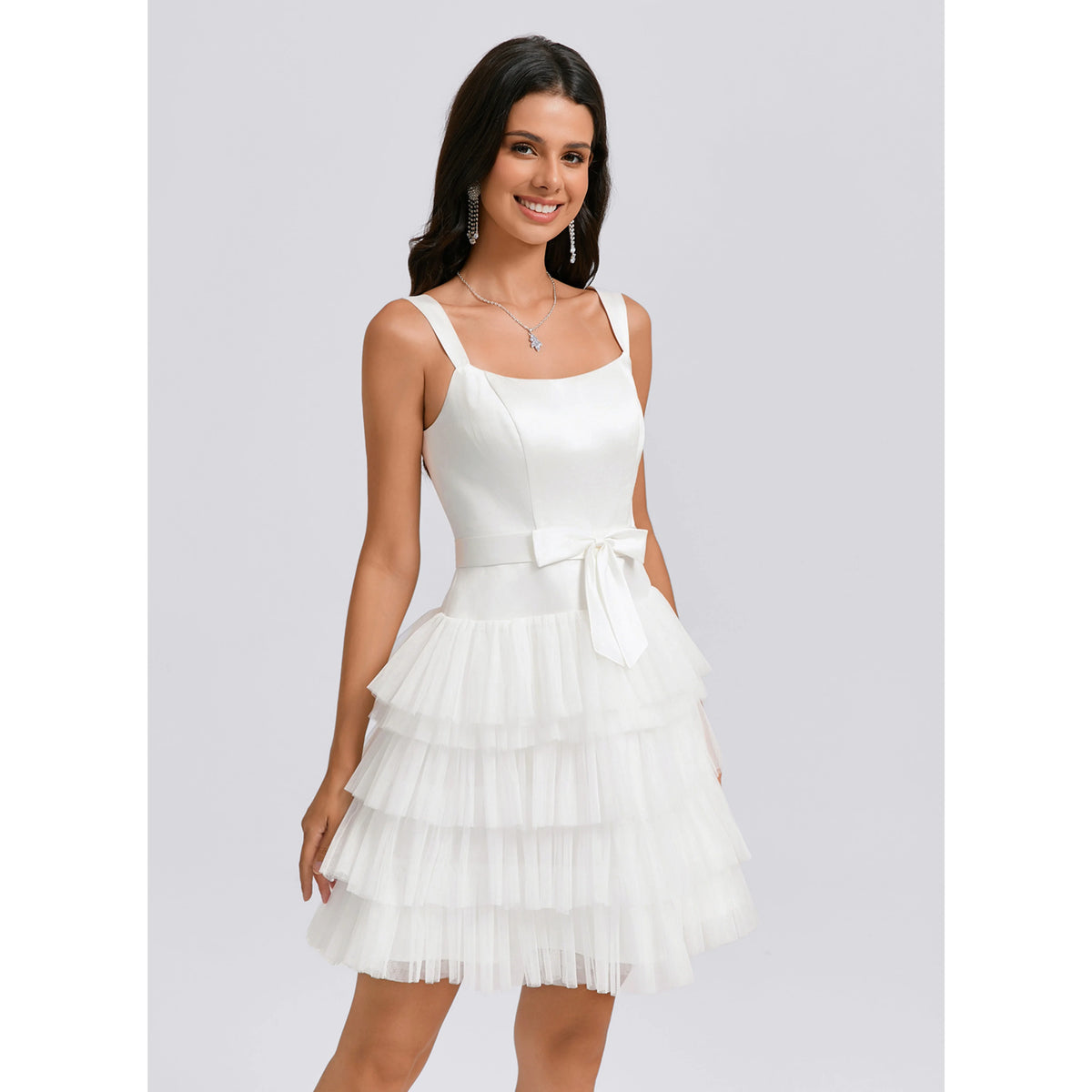 Chic A-Line Square Neck Sleeveless Tiered Ruffle White Short Homecoming Dresses