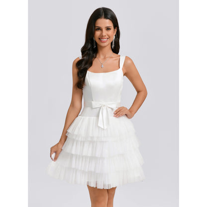 Chic A-Line Square Neck Sleeveless Tiered Ruffle White Short Homecoming Dresses