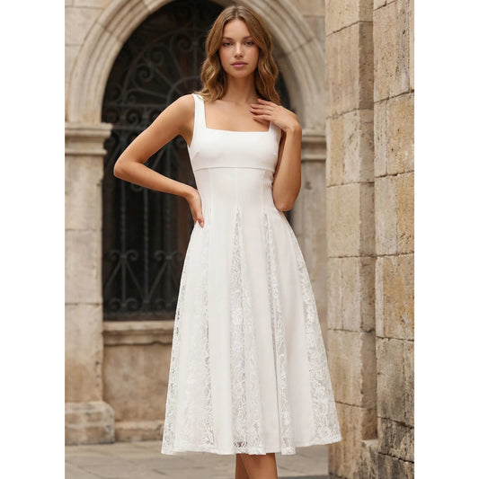 Chic A-Line Square Neck Sleeveless White Lace Midi Homecoming Dress