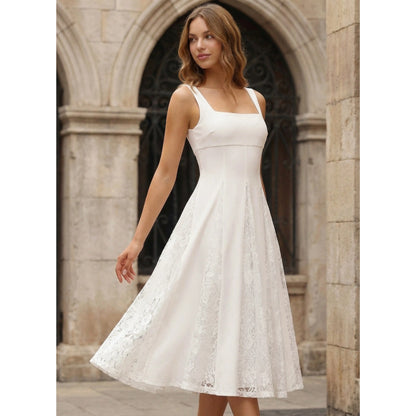 Chic A-Line Square Neck Sleeveless White Lace Midi Homecoming Dress