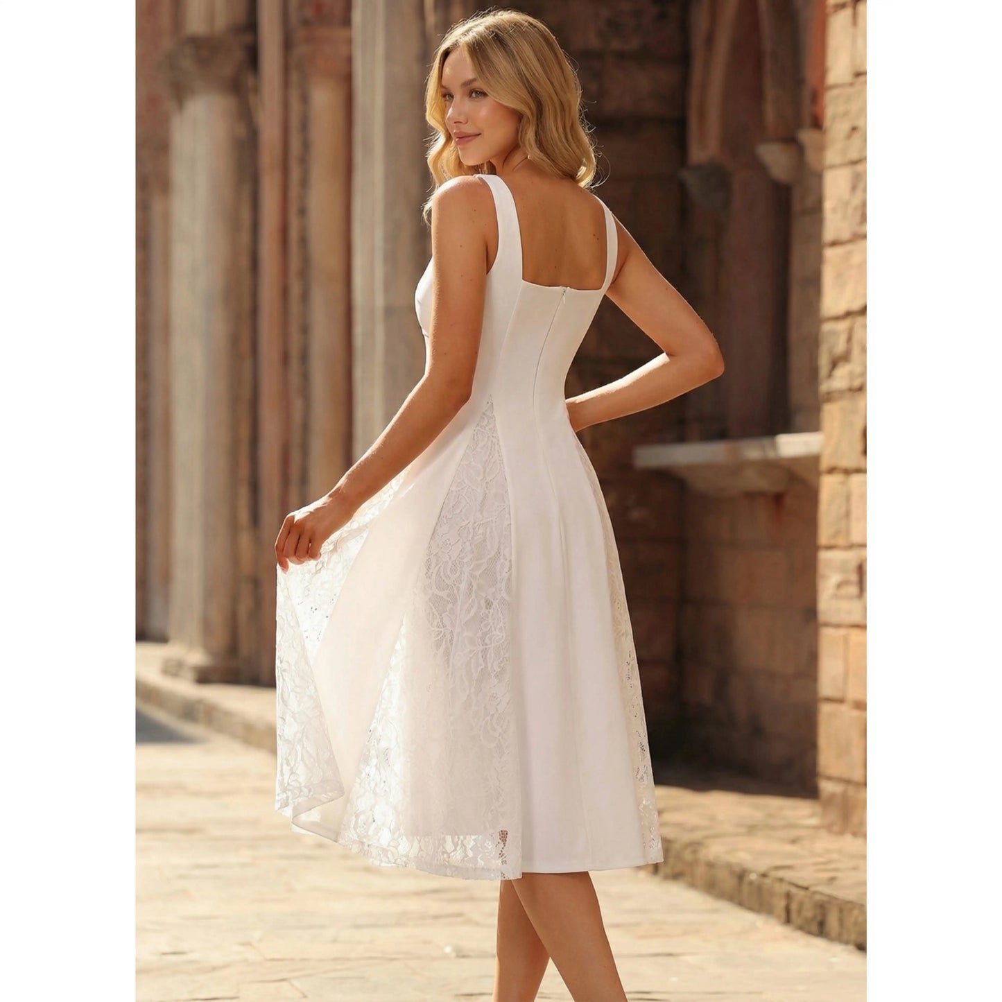 Chic A-Line Square Neck Sleeveless White Lace Midi Homecoming Dress