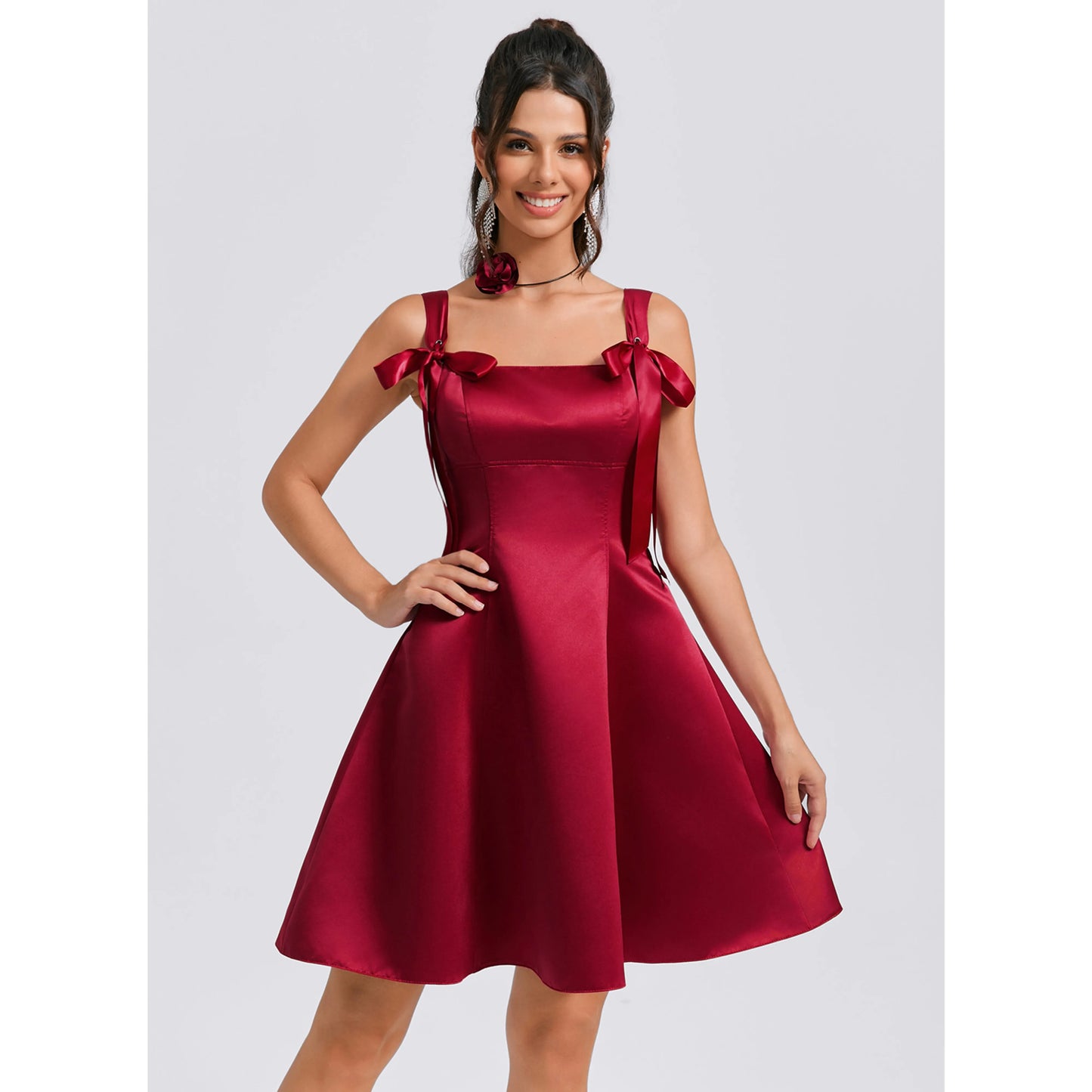 Chic A-Line Square Neck Tie-Shoulder Flared Burgundy Short Homecoming Dress Women's
