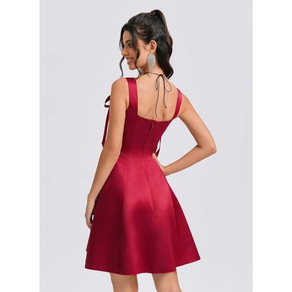 Chic A-Line Square Neck Tie-Shoulder Flared Burgundy Short Homecoming Dress Women's