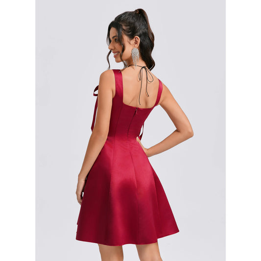 Chic A-Line Square Neck Tie-Shoulder Flared Burgundy Short Homecoming Dress Women's