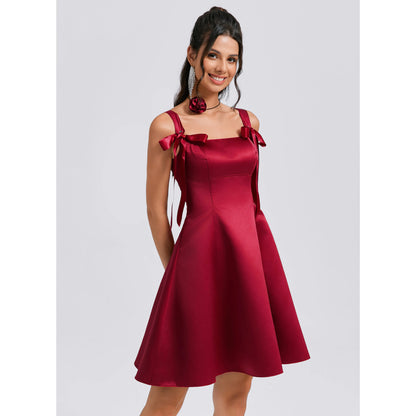 Chic A-Line Square Neck Tie-Shoulder Flared Burgundy Short Homecoming Dress Women's