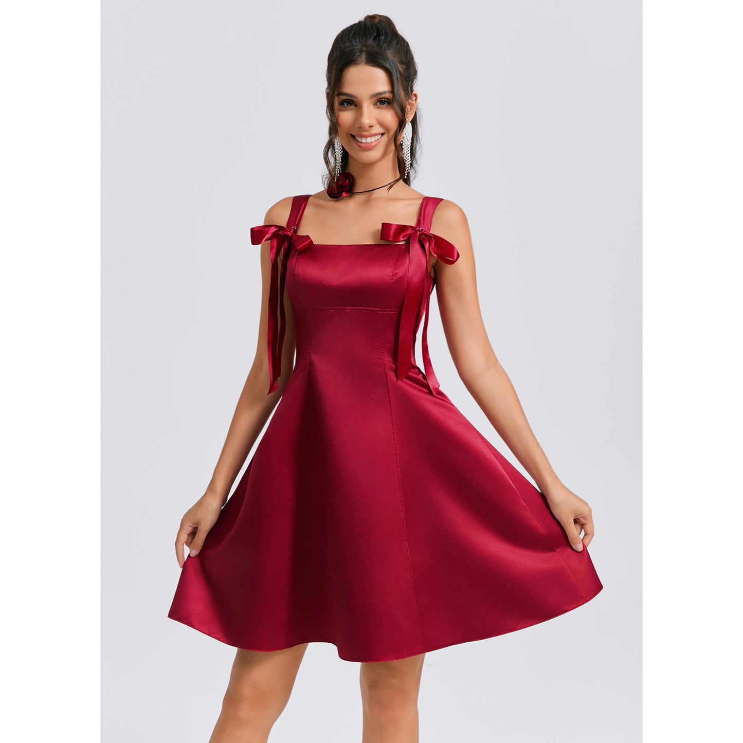 Chic A-Line Square Neck Tie-Shoulder Flared Burgundy Short Homecoming Dress Women's