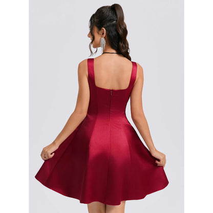 Chic A-Line Square Neck Tie-Shoulder Flared Burgundy Short Homecoming Dress Women's