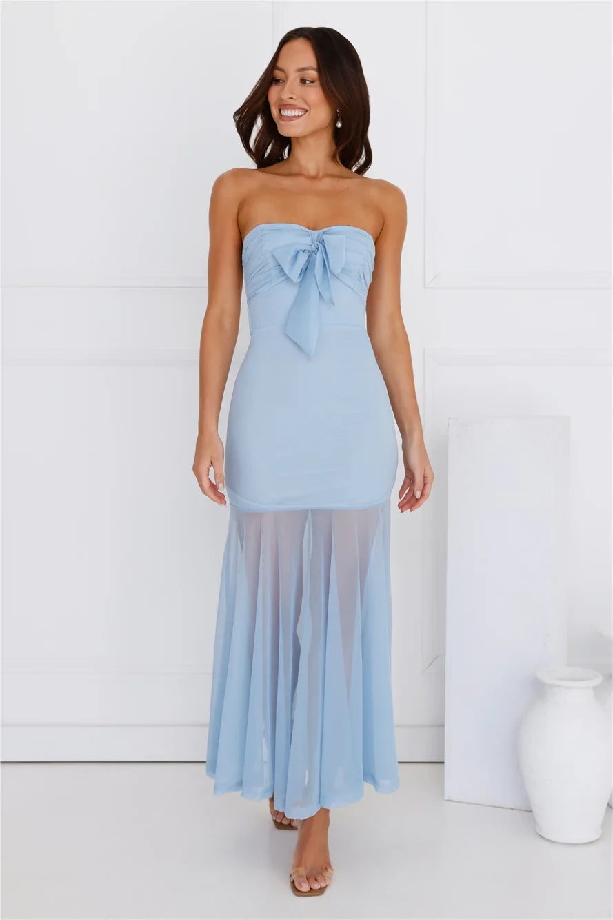 Chic A-Line Strapless Bow-Front Backless Light Blue Maxi Prom Dress