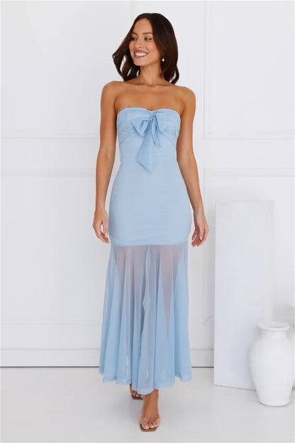 Chic A-Line Strapless Bow-Front Backless Light Blue Maxi Prom Dress