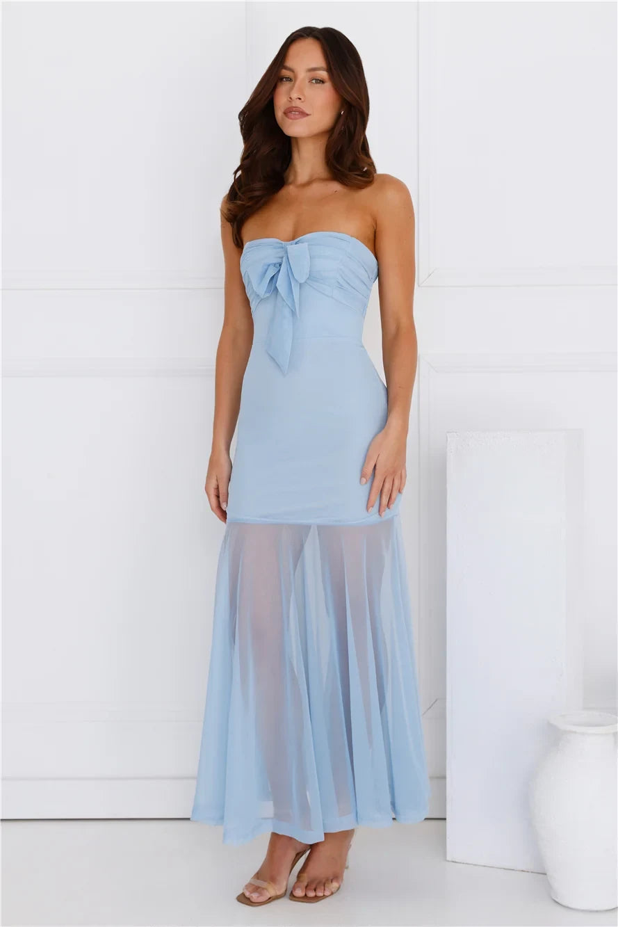 Chic A-Line Strapless Bow-Front Backless Light Blue Maxi Prom Dress