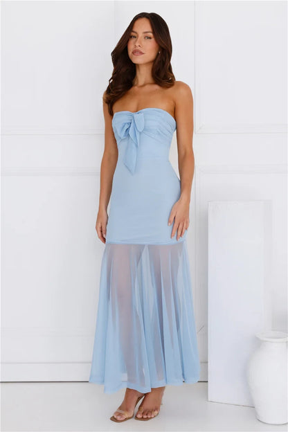 Chic A-Line Strapless Bow-Front Backless Light Blue Maxi Prom Dress