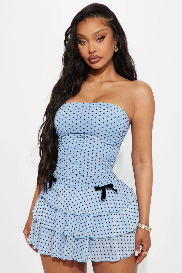 Chic A-Line Strapless Polka Dot Ruffled Blue Mini Homecoming Dress for Women