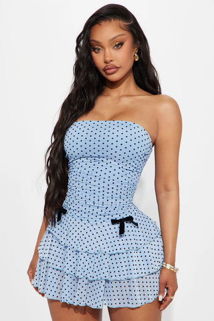 Chic A-Line Strapless Polka Dot Ruffled Blue Mini Homecoming Dress for Women