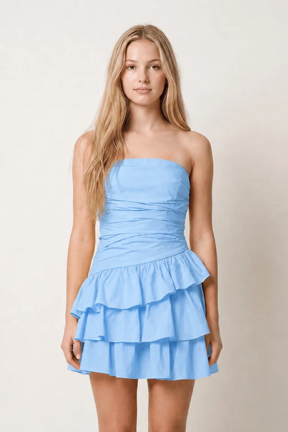 Chic A-Line Strapless Ruffled Corset Light Blue Short Homecoming Dress