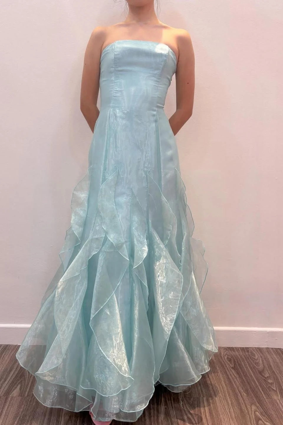 Chic A-Line Strapless Sleeveless Cascading Ruffled Light Blue Long Prom Dresses