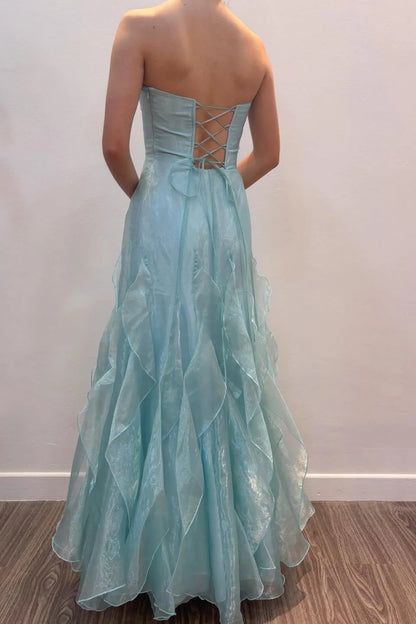 Chic A-Line Strapless Sleeveless Cascading Ruffled Light Blue Long Prom Dresses