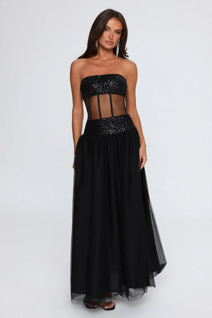 Chic A-Line Strapless Sleeveless Corset Boned Black Maxi Evening Dresses Women