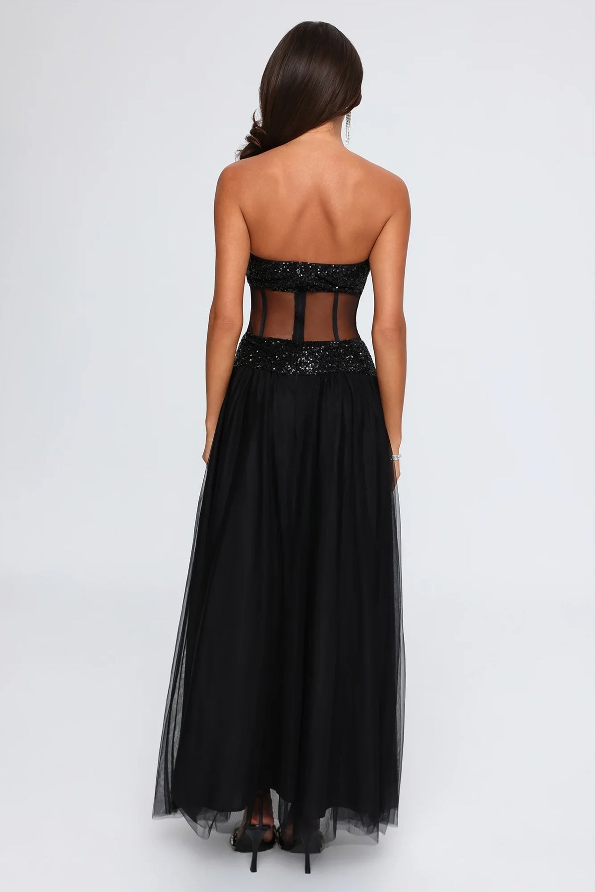 Chic A-Line Strapless Sleeveless Corset Boned Black Maxi Evening Dresses Women