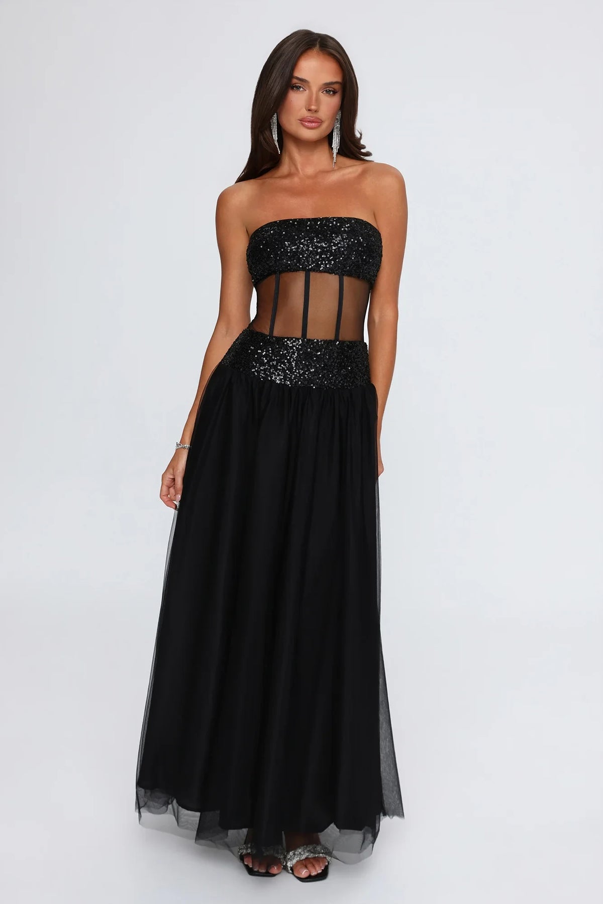 Chic A-Line Strapless Sleeveless Corset Boned Black Maxi Evening Dresses Women