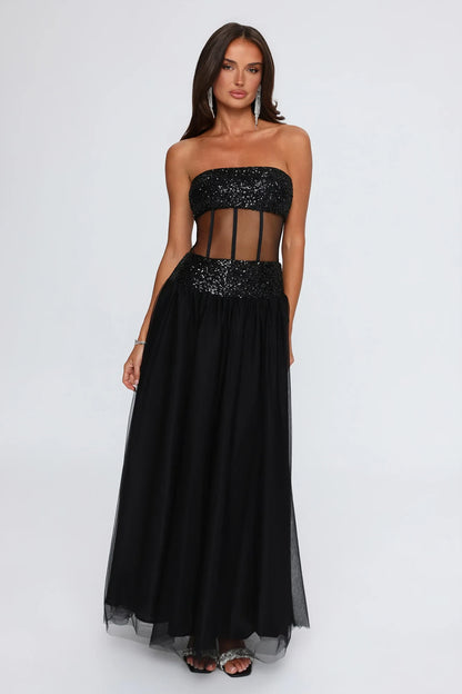 Chic A-Line Strapless Sleeveless Corset Boned Black Maxi Evening Dresses Women