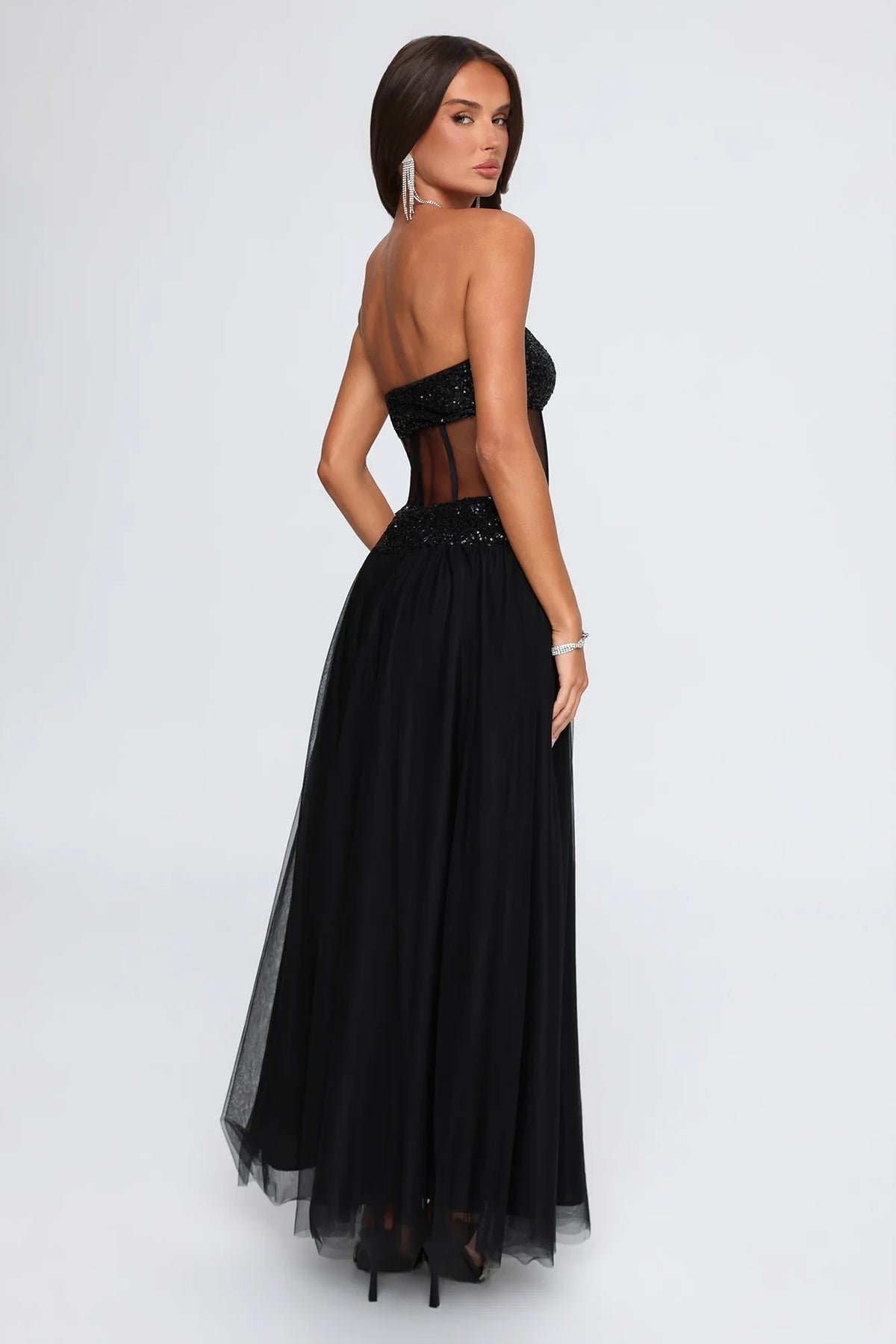 Chic A-Line Strapless Sleeveless Corset Boned Black Maxi Evening Dresses Women