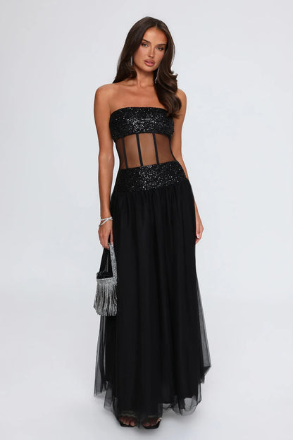 Chic A-Line Strapless Sleeveless Corset Boned Black Maxi Evening Dresses Women