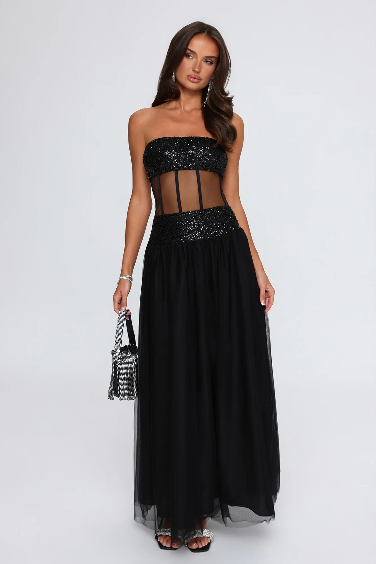 Chic A-Line Strapless Sleeveless Corset Boned Black Maxi Evening Dresses Women
