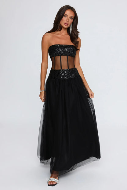 Chic A-Line Strapless Sleeveless Corset Boned Black Maxi Evening Dresses Women