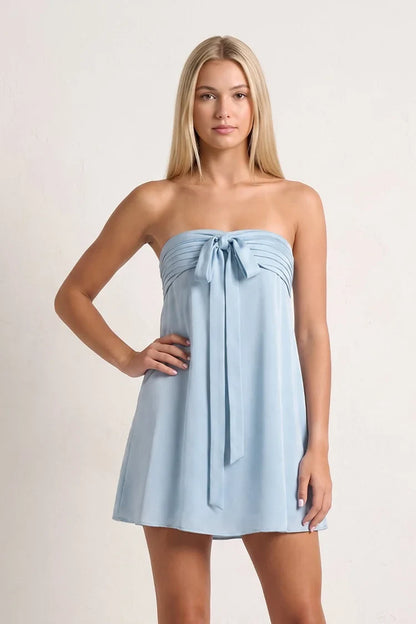 Chic A-Line Strapless Sleeveless Pleated Bow Sky Blue Mini Homecoming Dress