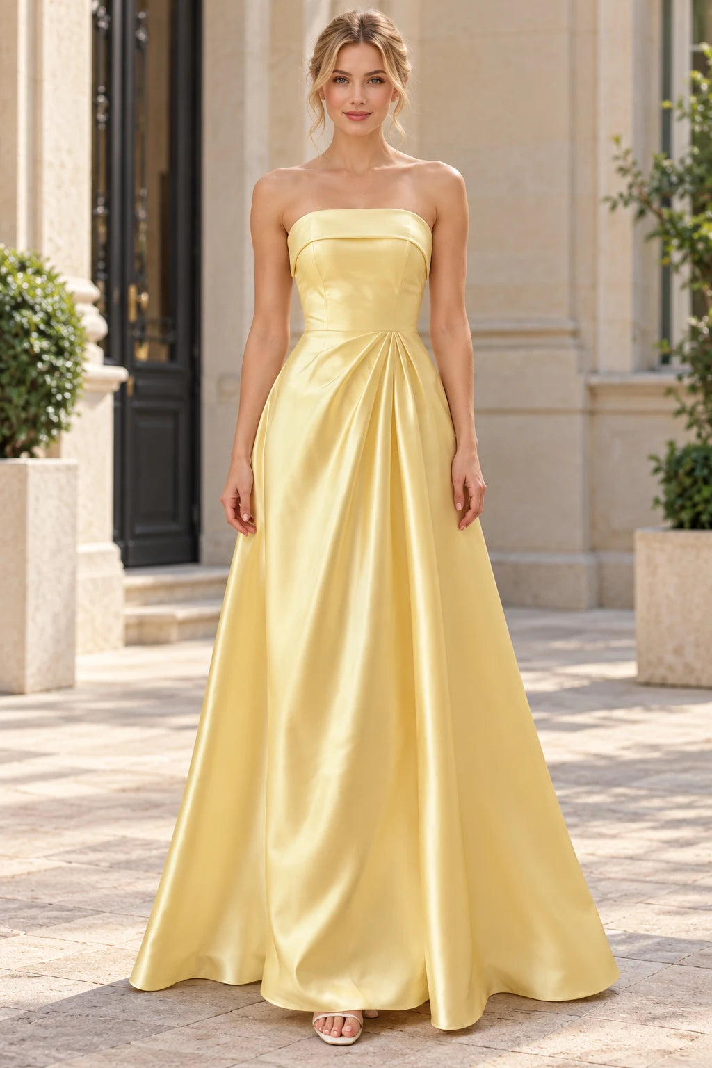 Chic A-Line Strapless Sleeveless Pleated Draped Yellow Prom Dresses Women