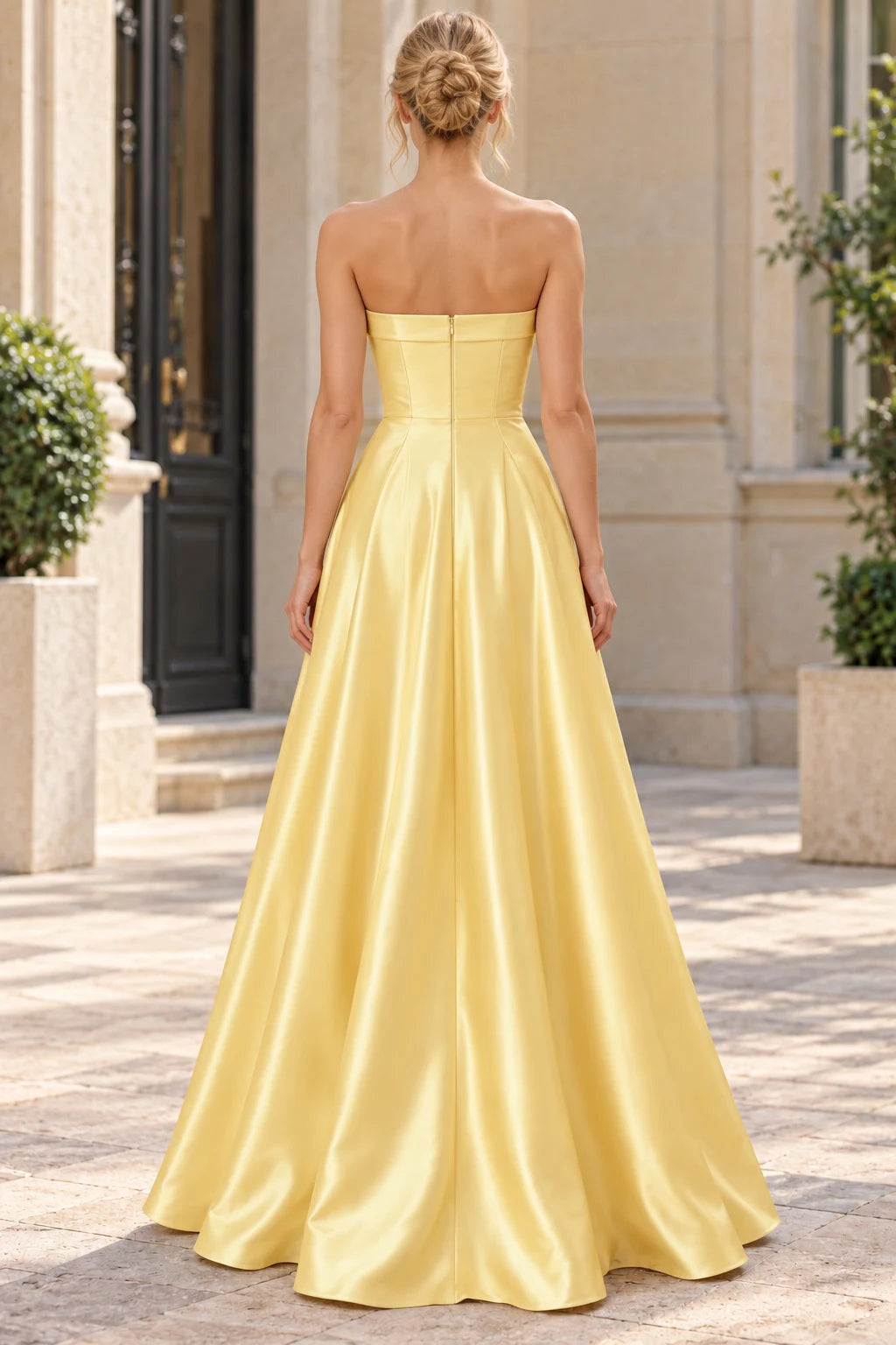 Chic A-Line Strapless Sleeveless Pleated Draped Yellow Prom Dresses Women