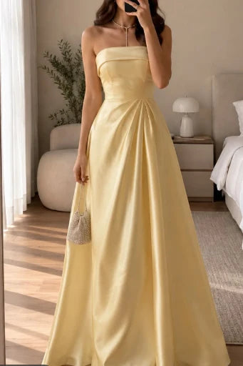 Chic A-Line Strapless Sleeveless Pleated Draped Yellow Prom Dresses Women