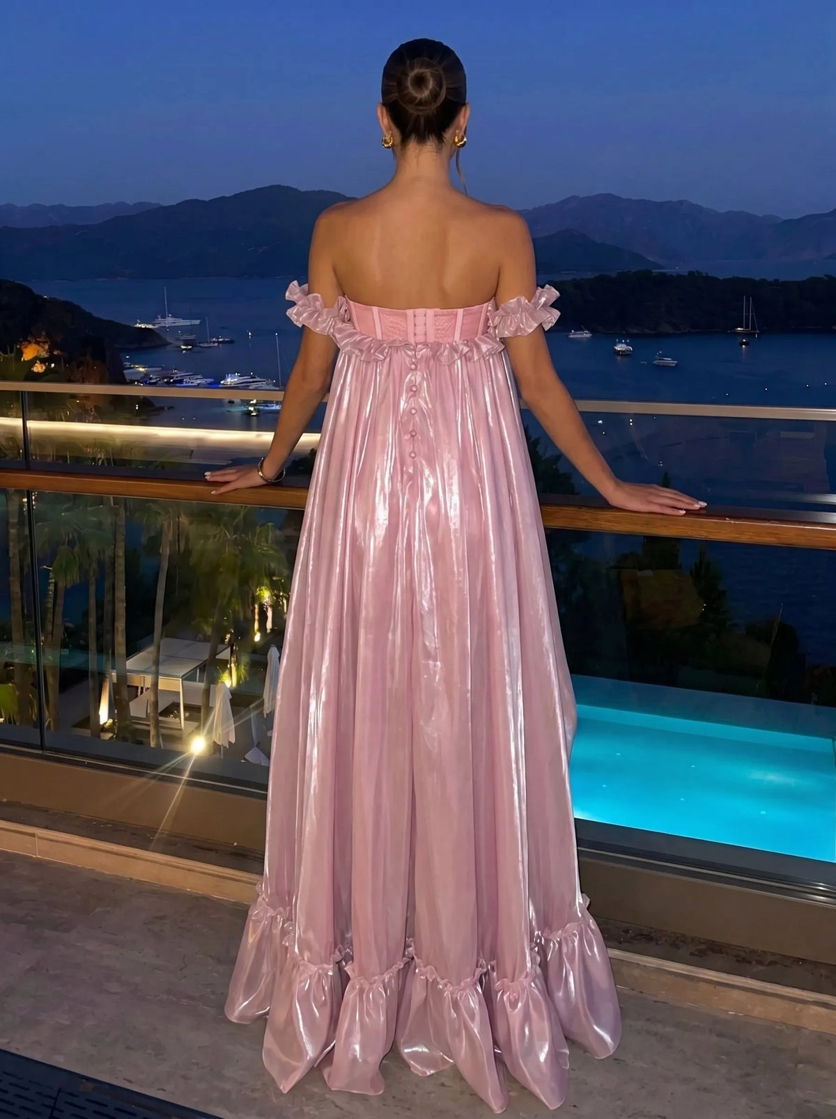 Chic A-Line Strapless Sleeveless Ruffled High-Low Pink Maxi Prom Dresses Gown