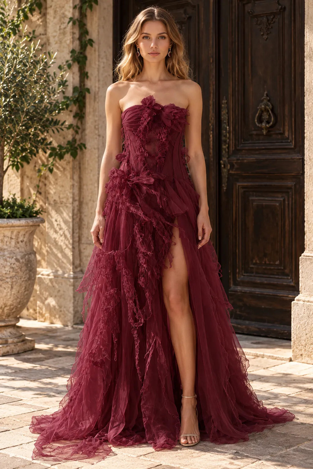 Chic A-Line Strapless Sleeveless Ruffled Slit Burgundy Long Prom Dresses Gown