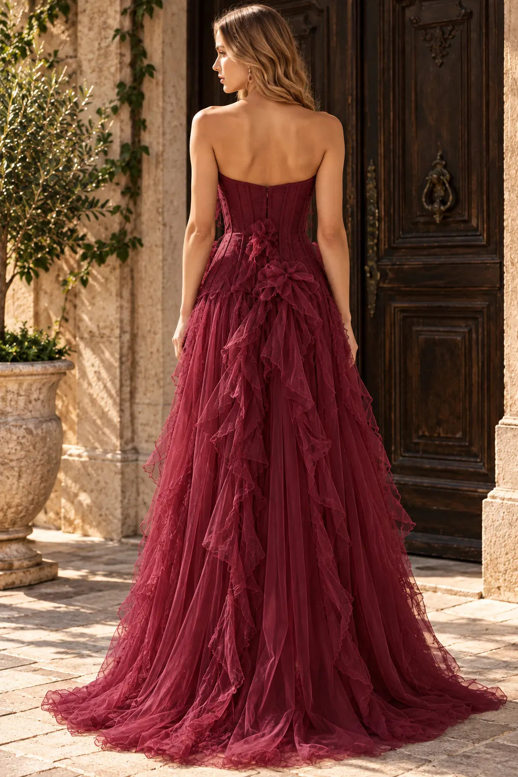 Chic A-Line Strapless Sleeveless Ruffled Slit Burgundy Long Prom Dresses Gown
