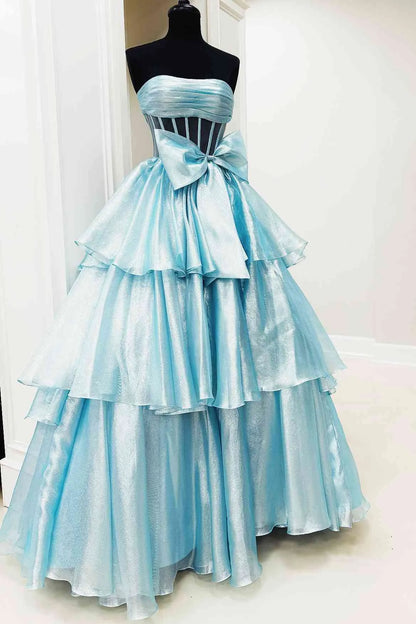 Chic A-Line Strapless Sleeveless Tiered Bow Blue Long Prom Dresses Women