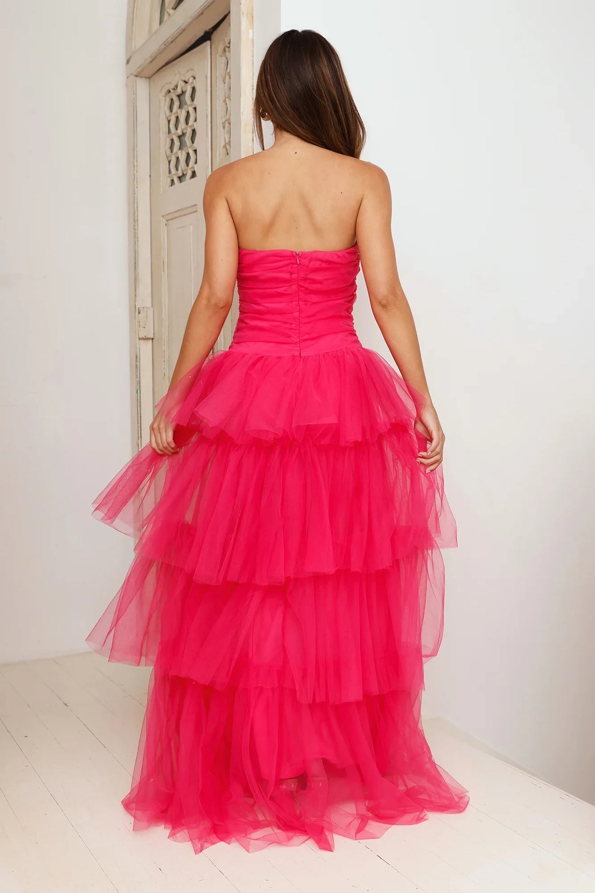 Chic A-Line Strapless Sleeveless Tiered Ruffle Pink Maxi Evening Dresses Women