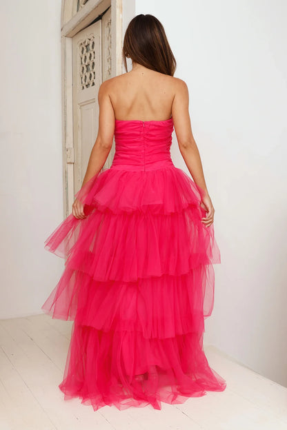 Chic A-Line Strapless Sleeveless Tiered Ruffle Pink Maxi Evening Dresses Women