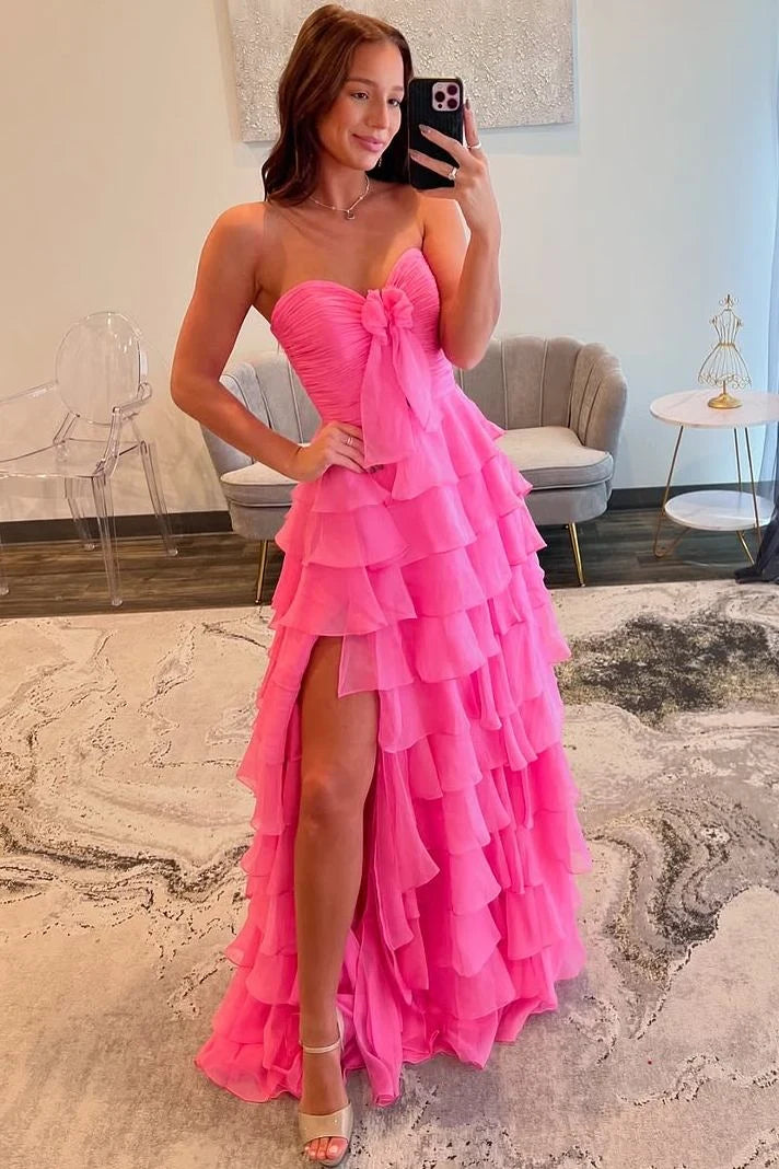 Chic A-Line Strapless Sleeveless Tiered Slit Pink Long Prom Dresses Women