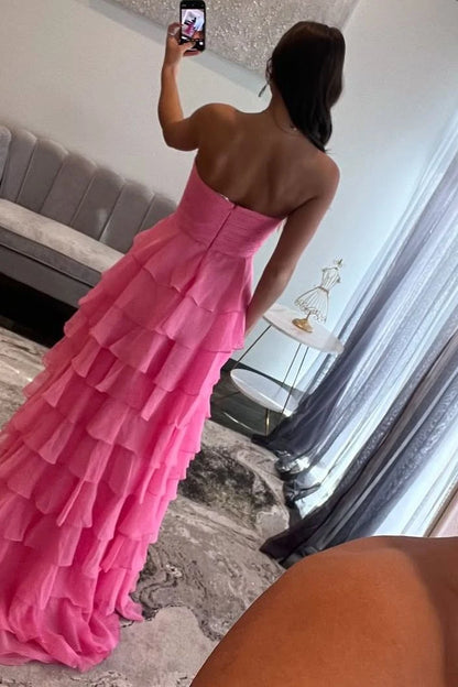 Chic A-Line Strapless Sleeveless Tiered Slit Pink Long Prom Dresses Women