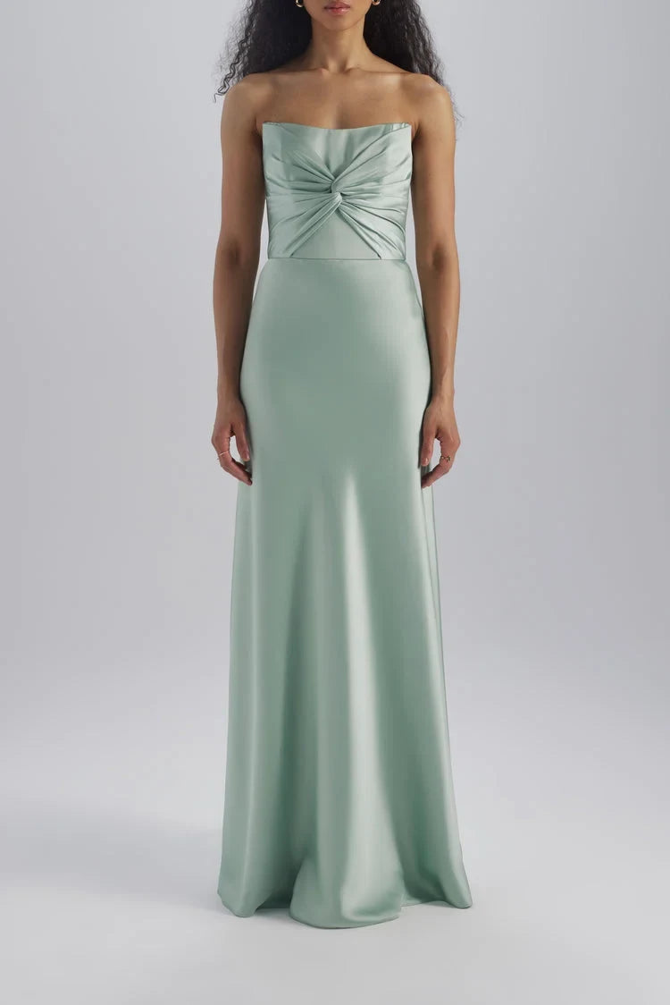 Chic A-Line Strapless Sleeveless Twisted Bodice Sage Green Floor-Length Bridesmaid Gown