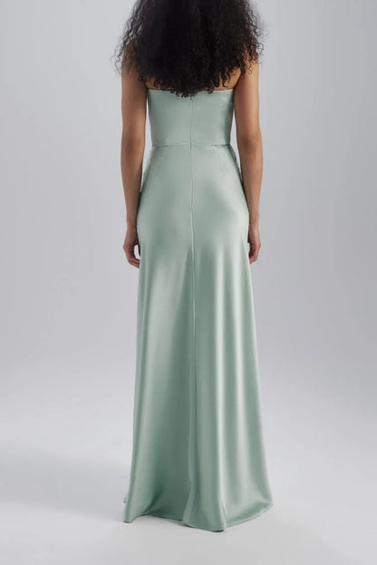 Chic A-Line Strapless Sleeveless Twisted Bodice Sage Green Floor-Length Bridesmaid Gown
