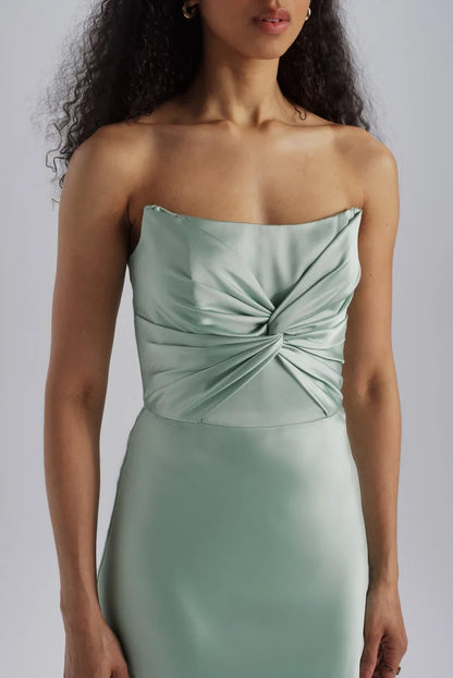 Chic A-Line Strapless Sleeveless Twisted Bodice Sage Green Floor-Length Bridesmaid Gown