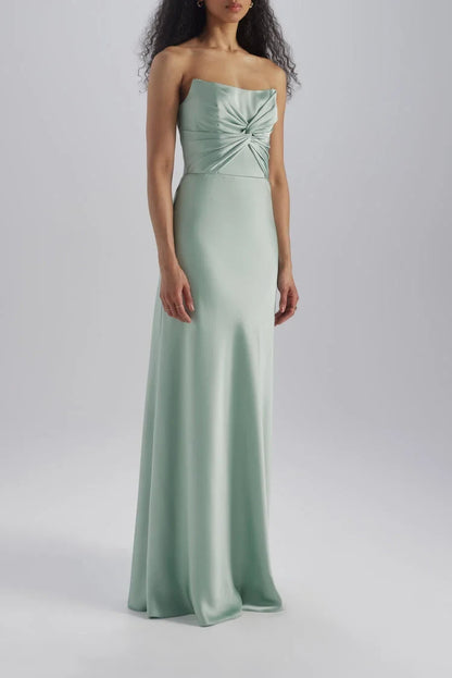 Chic A-Line Strapless Sleeveless Twisted Bodice Sage Green Floor-Length Bridesmaid Gown