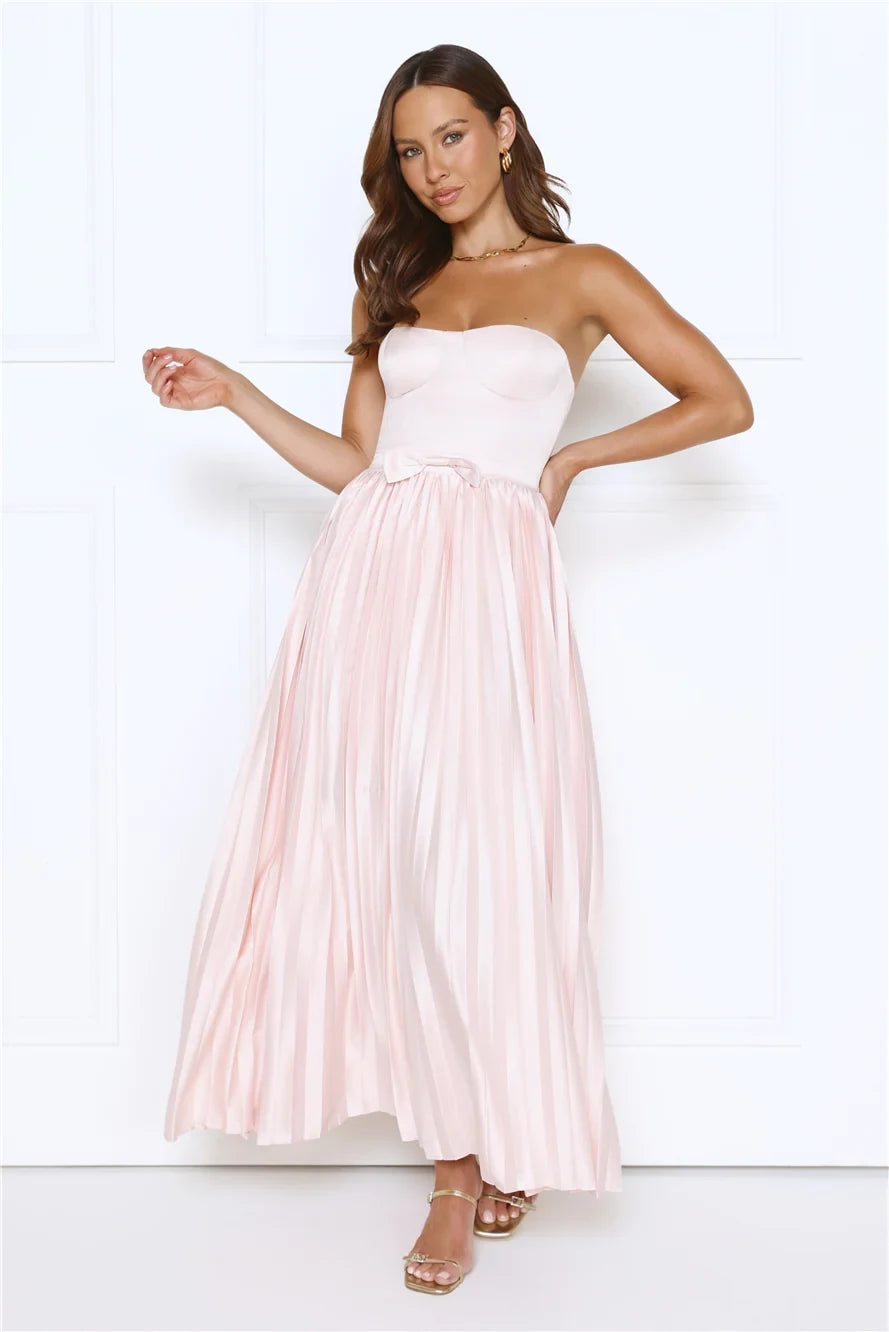 Chic A-Line Strapless Sweetheart Pleated Corset Blush Pink Floor-Length Prom Gown