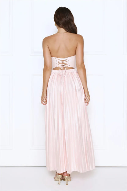 Chic A-Line Strapless Sweetheart Pleated Corset Blush Pink Floor-Length Prom Gown